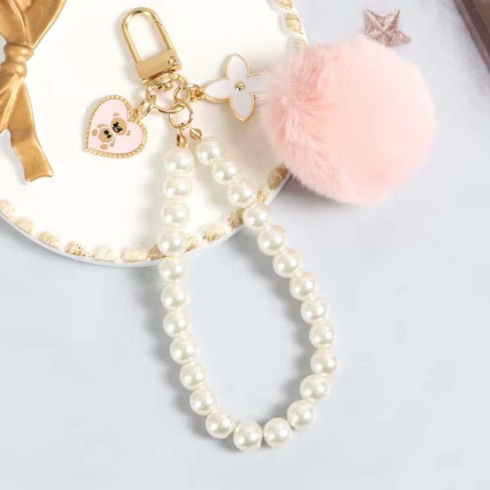 Choice of One of Four Elegant Pearl and Pom Pom Keychain Set/ Purse Charm - Picture 4 of 6